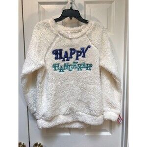 Xhilaration Sweater White Fluffy Happy Hanukkah Blue Sequin L New